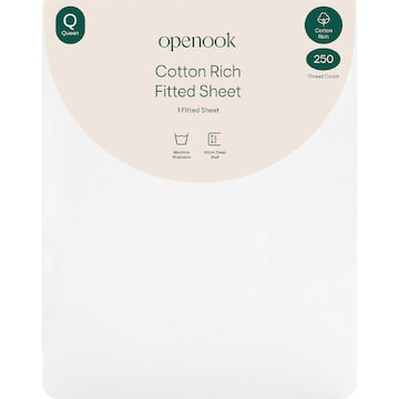 Openook 250TC Cotton Rich Fitted Sheet Queen Bed White each