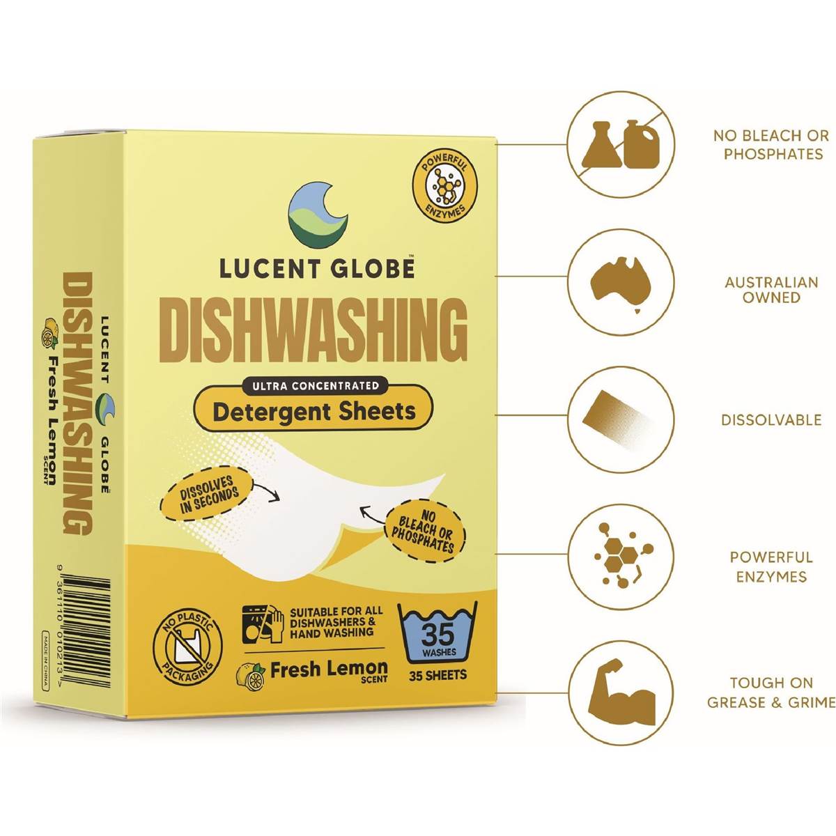 Lucent Globe Dishwashing Detergent Sheets Fresh Lemon Scent 35 pack