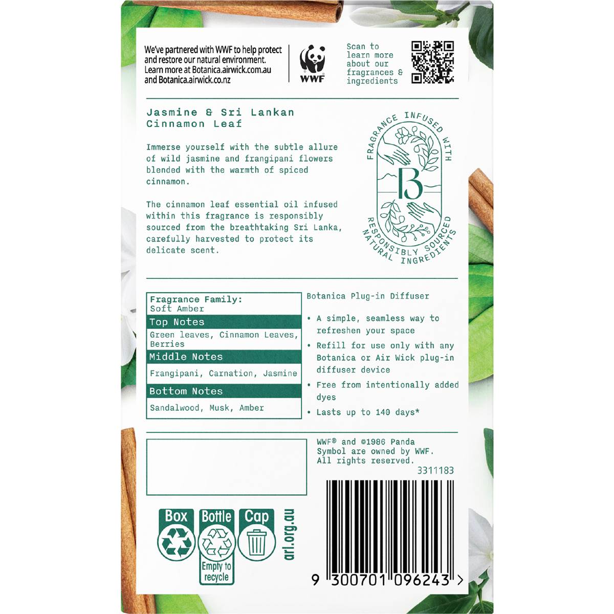 Botanica Plug In Diffuser Jasmine & Sri Lankan Cinnamon Leaf 22mL