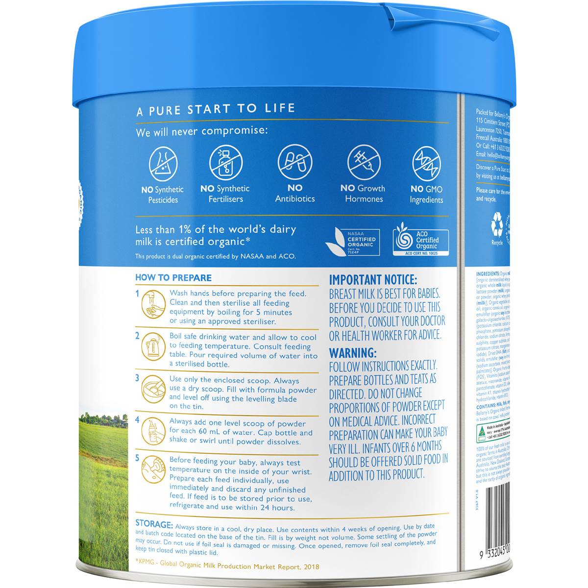 Bellamy's Organic Infant Formula Stage 1 (0-6m) 800g
