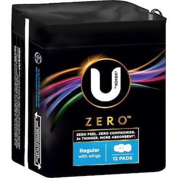 U by Kotex Zero Pads Regular With Wings 12 pack
