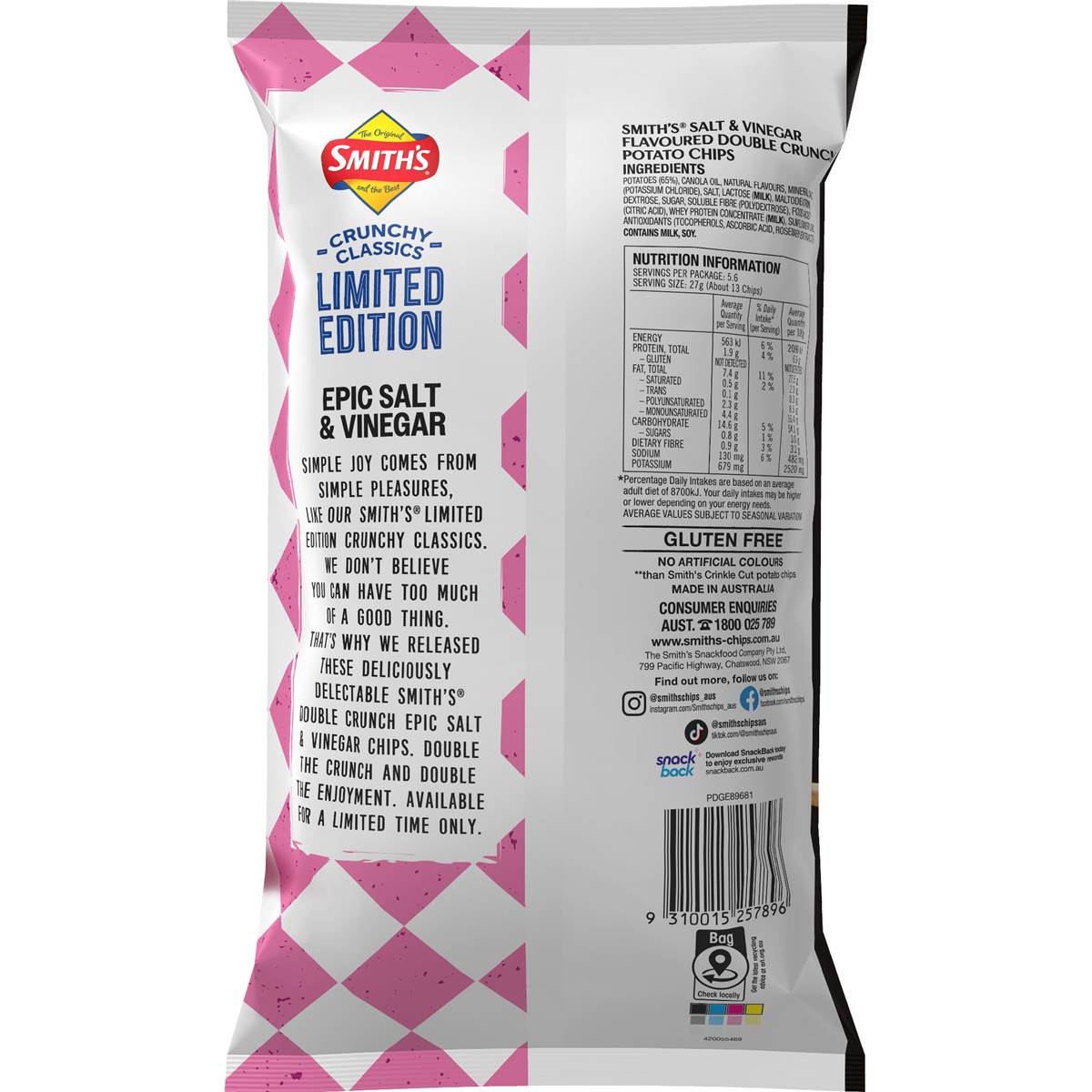 Smith's Double Crunch Epic Salt & Vinegar 150g