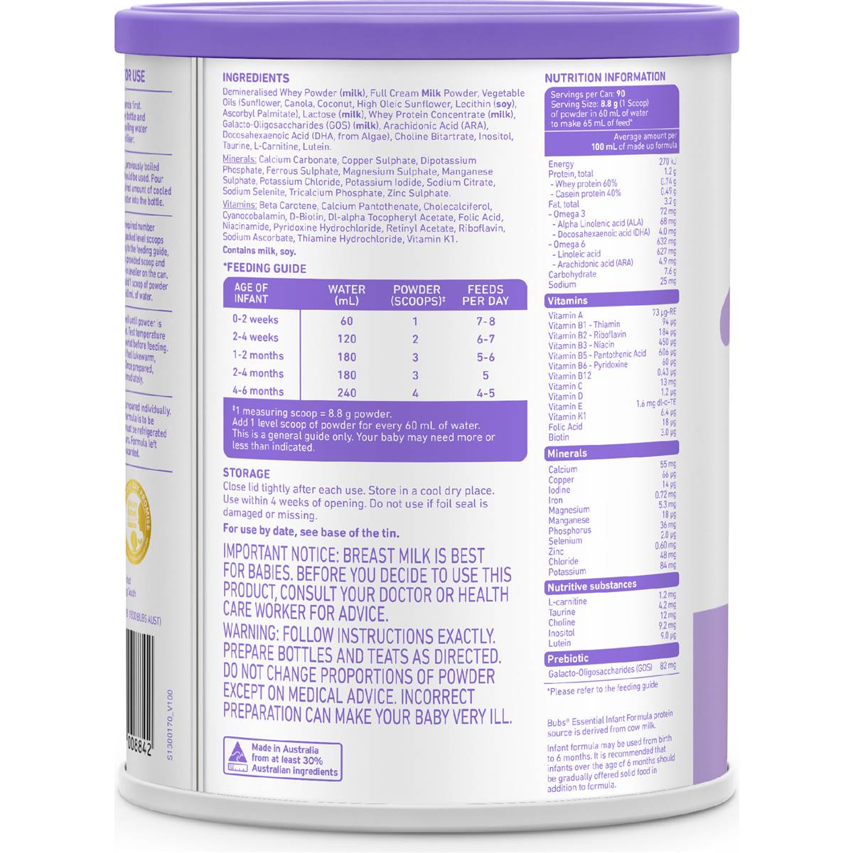 Bubs Essential Infant Formula Stage 1 800g