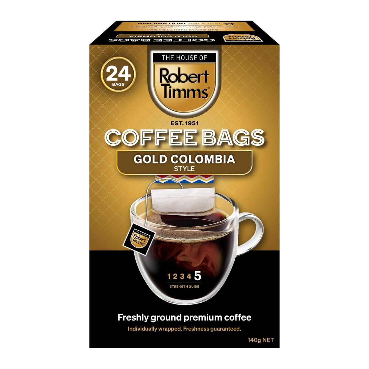 Robert Timms Coffee Bags Gold Colombia Style 24 pack