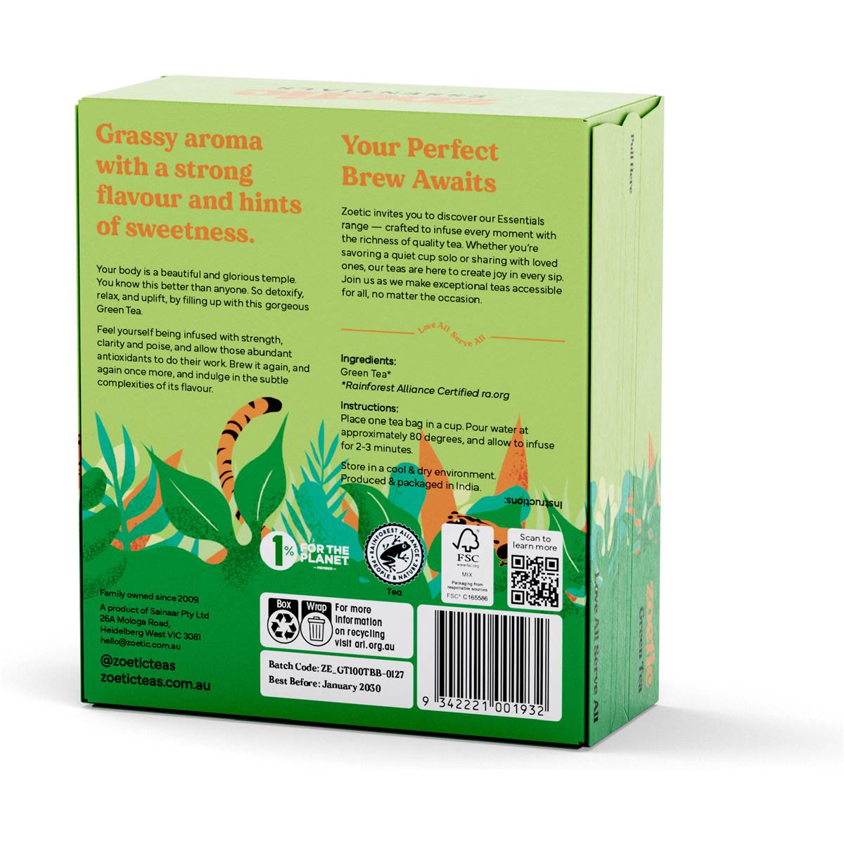 Zoetic Green Tea Bags 100 pack