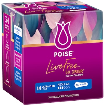 Poise LiveFree Ultrathin Pads Regular No Wings 14 pack