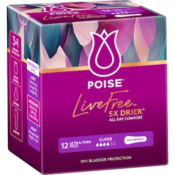 Poise LiveFree Ultrathin Pads Super No Wings 12 pack