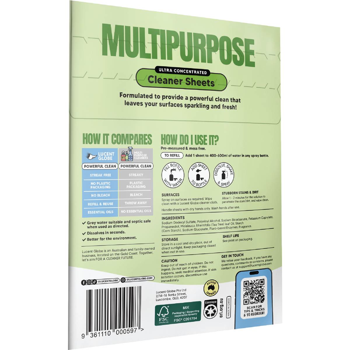 Lucent Globe Multipurpose Cleaner Sheets Tea Tree & Lime 2 pack