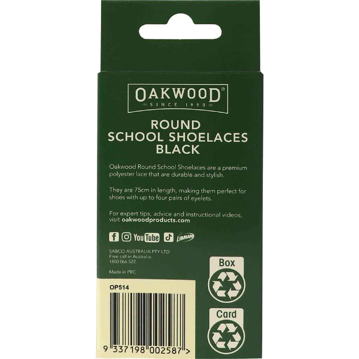 Oakwood Round School Shoelaces Black 75cm each