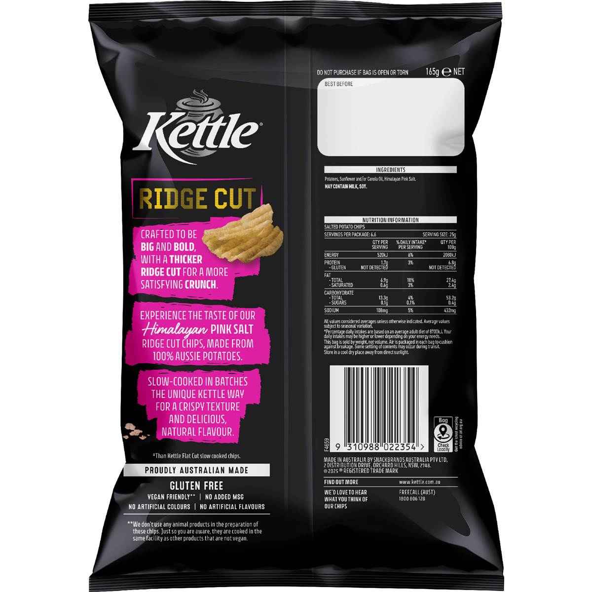 Kettle Ridge Cut Potato Chips Himalayan Salt 165g