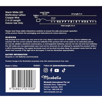 Mirabella Happy Birthday LED String Lights Multicolour 2m each