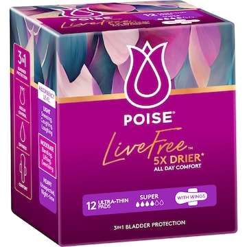 Poise LiveFree Pads Super With Wings 12 pack