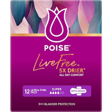 Poise LiveFree Pads Super With Wings 12 pack