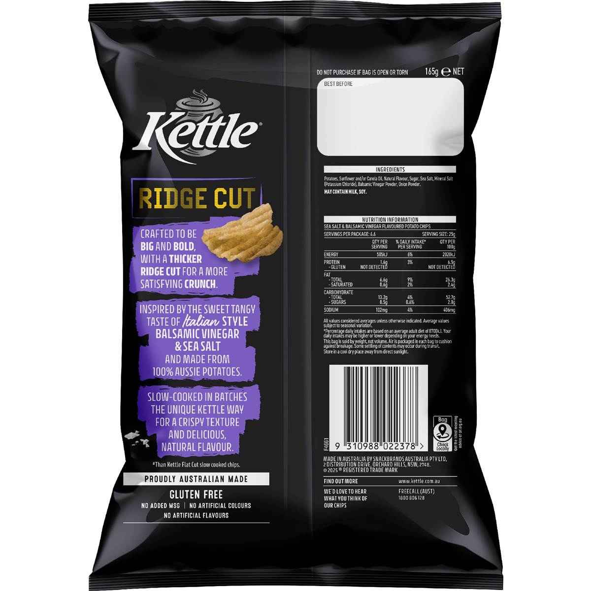 Kettle Ridge Cut Potato Chips Salt & Vinegar 165g
