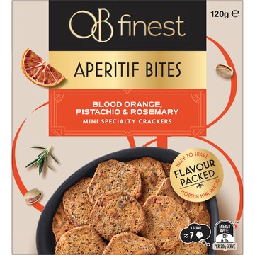 OB Finest Aperitif Cracker Bites Blood Orange Pistachio & Rosemary 120g