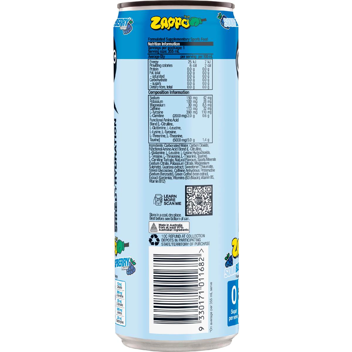 BSC Zappo Energy Shred & Hydration Sour Blue Raspberry 355mL