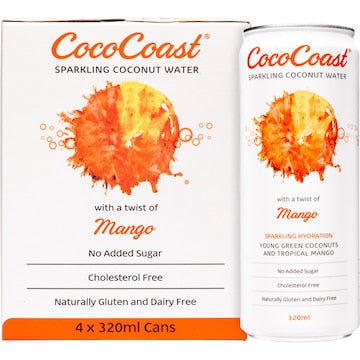 CocoCoast Sparkling Coconut Water Mango 315mL x 4 pack