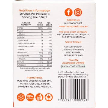 CocoCoast Sparkling Coconut Water Mango 315mL x 4 pack