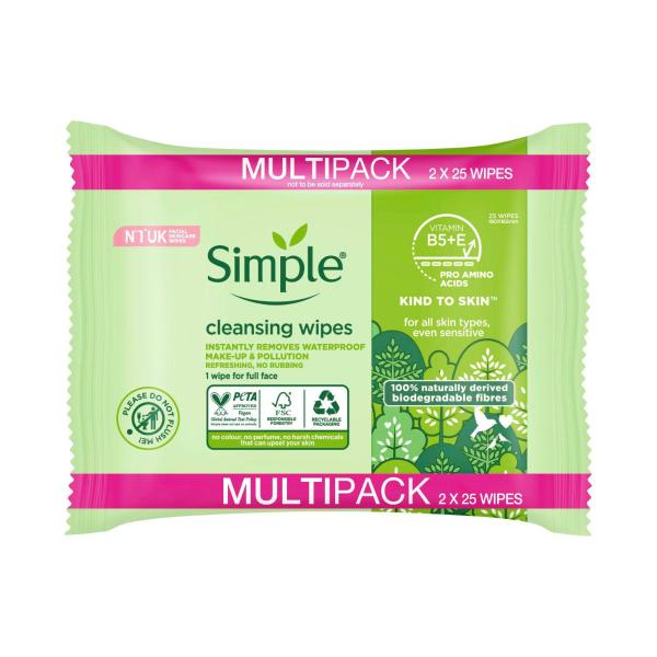SIMPLE CLEANSING FACIAL WIPES KIND TO SKIN BIODEGRADABLE 50PK
