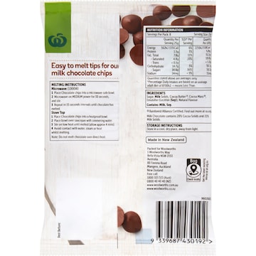 Woolworths Milk Chocolate Chips 200g