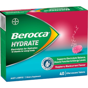 Berocca Hydrate Electrolyte Tablets Raspberry Blackcurrant Flavour 40 pack