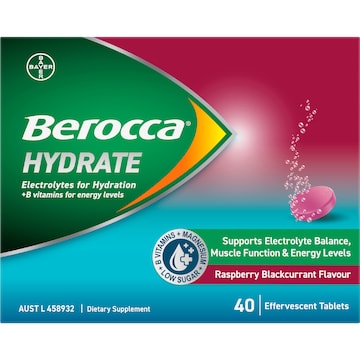 Berocca Hydrate Electrolyte Tablets Raspberry Blackcurrant Flavour 40 pack