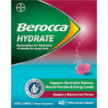 Berocca Hydrate Electrolyte Tablets Raspberry Blackcurrant Flavour 40 pack