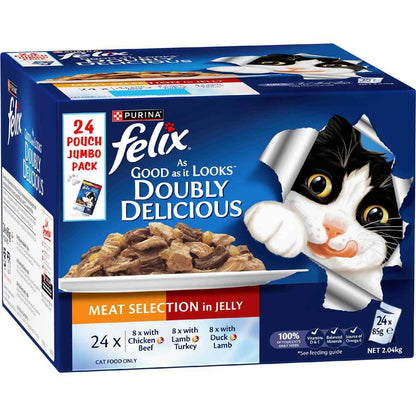 Purina Felix Doubly Delicious Wet Cat Food Meat Selection In Jelly 85g x 24 pack