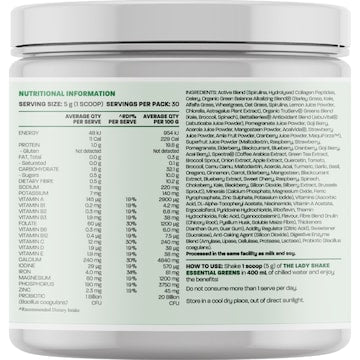 The Lady Shake Essential Greens Supplement Powder Tropical 150g