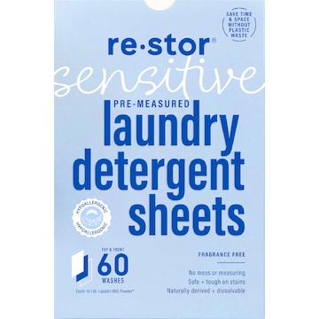 Restor Sensitive Pre-Measured Laundry Detergent Sheets 60 pack