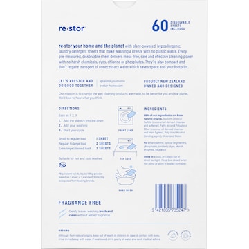 Restor Sensitive Pre-Measured Laundry Detergent Sheets 60 pack