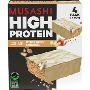 Musashi High Protein White Choc Caramel Bars 90g x 4 pack