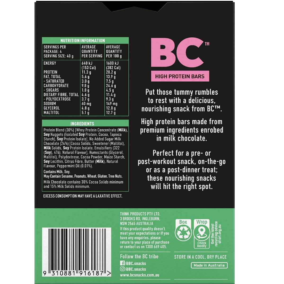 BC Snacks High Protein Bars Choc Mint Crunch 4 pack