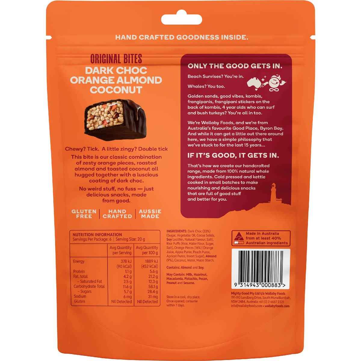 Wallaby Original Bites Dark Choc Orange Almond Coconut 120g