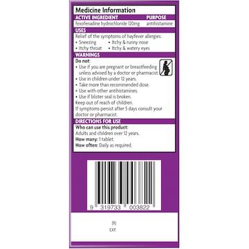 Telfast Hayfever Allergy Relief 120mg Antihistamine Tablets 10 pack