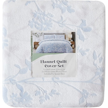 Queen Flannel Quilt Cover Set Blue Floral each