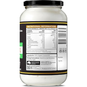 Coco Earth Organic Coconut Cooking Oil 1L