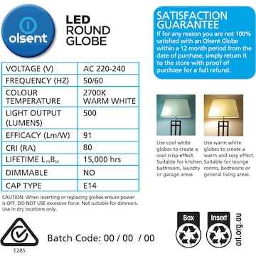 Olsent LED Round Globe Es 5.5W 500Lm Warm White 2 pack