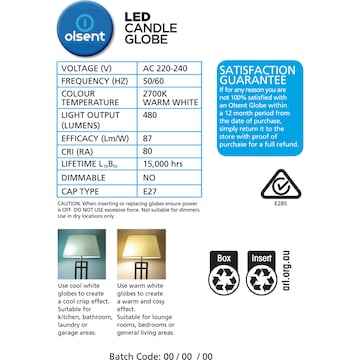 Olsent LED Candle Globe Es 5.5W 480Lm Warm White 2 pack