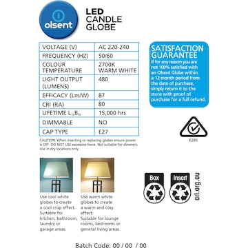 Olsent LED Candle Globe Es 5.5W 480Lm Warm White 2 pack
