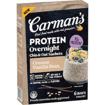 Carman's Protein Overnight Chia & Oat Sachets Creamy Vanilla Bean 6 pack