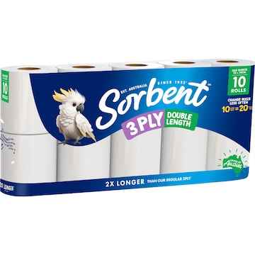 Sorbent Double Length 3Ply Toilet Paper 10 pack