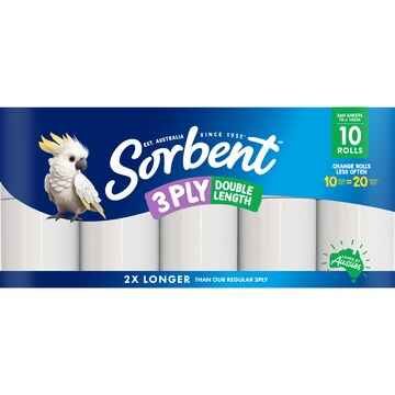 Sorbent Double Length 3Ply Toilet Paper 10 pack