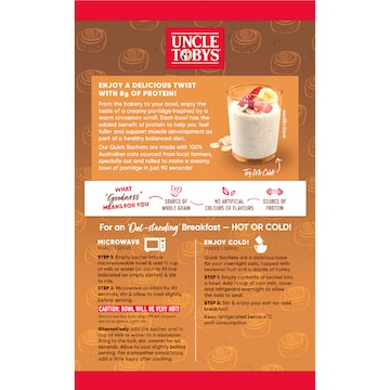 Uncle Tobys Oats Protein Quick Sachets Cinnamon Scroll 8 pack