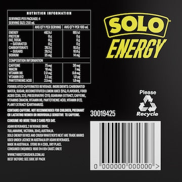 Solo Energy Drink Lemon Mango Cans Multipack 250ml x 4 pack