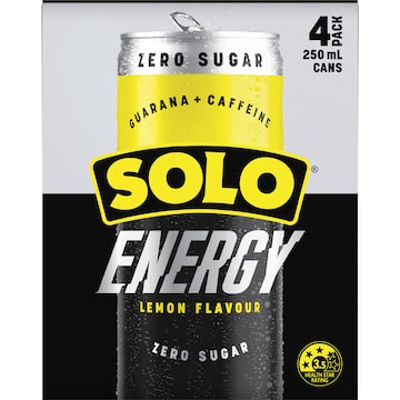 Solo Energy Drink Lemon No Sugar Cans 250ml x 4 pack