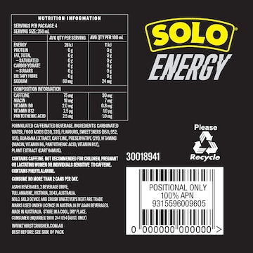 Solo Energy Drink Lemon No Sugar Cans 250ml x 4 pack