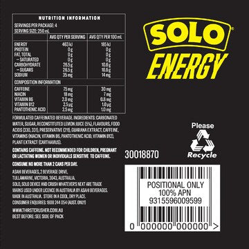 Solo Energy Lemon Flavour Cans 250mL x 4 pack