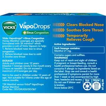 Vicks Vapodrops Sinus Congestion Lozenges Honey Menthol 16 pack