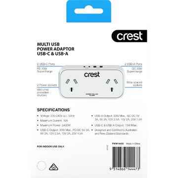 Crest Multi USB Power Adaptor USB-C & USB-A each